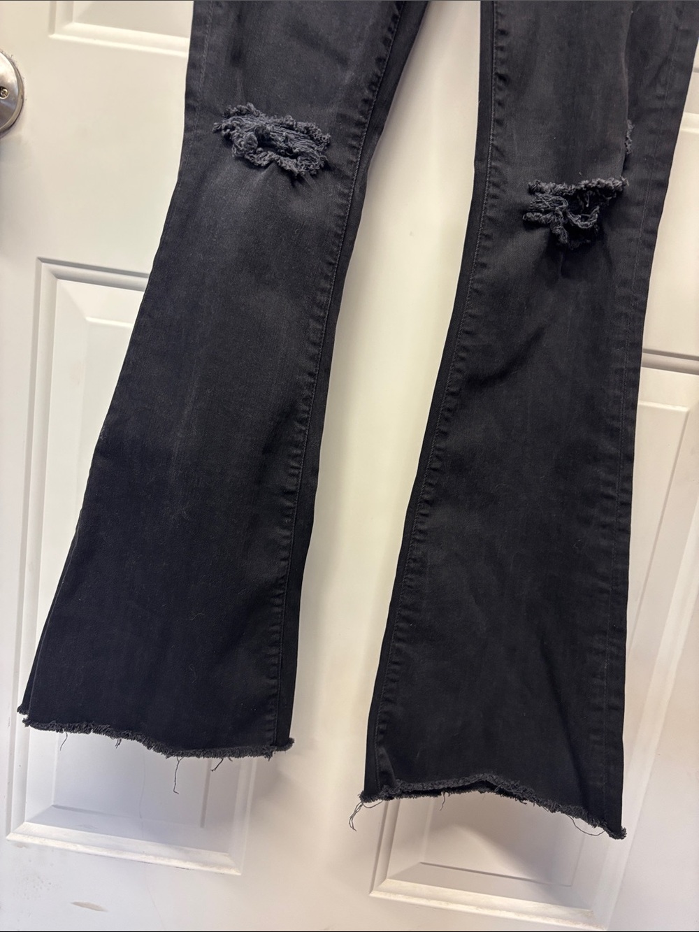 MOTHER The Weekender Fray Flared Jeans in Guilty As Sin Black Distressed - Picture 3 of 4